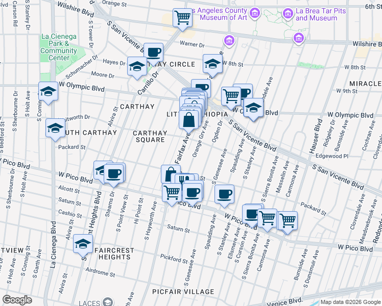 map of restaurants, bars, coffee shops, grocery stores, and more near 1134 South Fairfax Avenue in Los Angeles