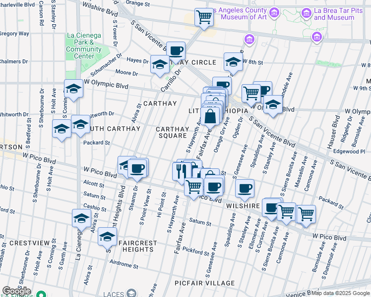 map of restaurants, bars, coffee shops, grocery stores, and more near 1152 South Hayworth Avenue in Los Angeles