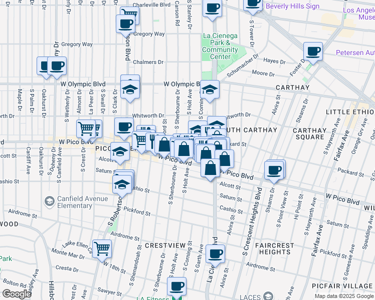 map of restaurants, bars, coffee shops, grocery stores, and more near 1251 South Holt Avenue in Los Angeles
