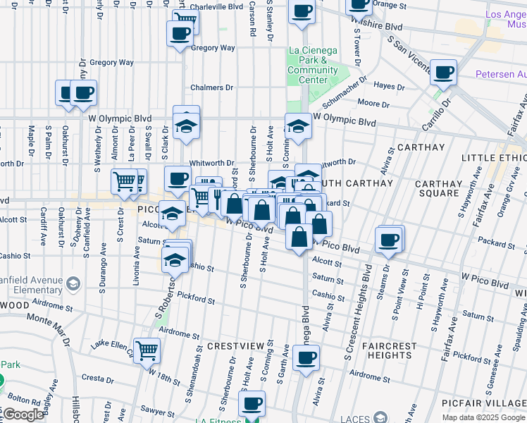 map of restaurants, bars, coffee shops, grocery stores, and more near 1251 South Holt Avenue in Los Angeles