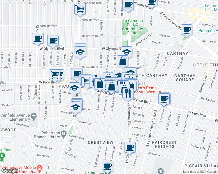 map of restaurants, bars, coffee shops, grocery stores, and more near 1251 South Holt Avenue in Los Angeles