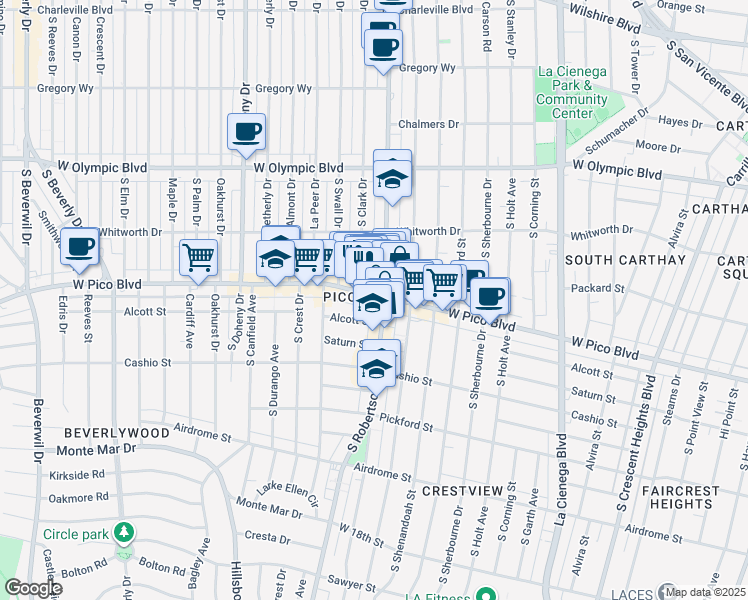 map of restaurants, bars, coffee shops, grocery stores, and more near 8826 West Pico Boulevard in Los Angeles