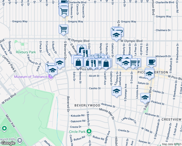 map of restaurants, bars, coffee shops, grocery stores, and more near 1418 South Beverly Drive in Los Angeles