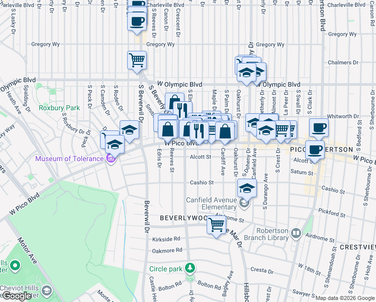 map of restaurants, bars, coffee shops, grocery stores, and more near 1418 South Beverly Drive in Los Angeles