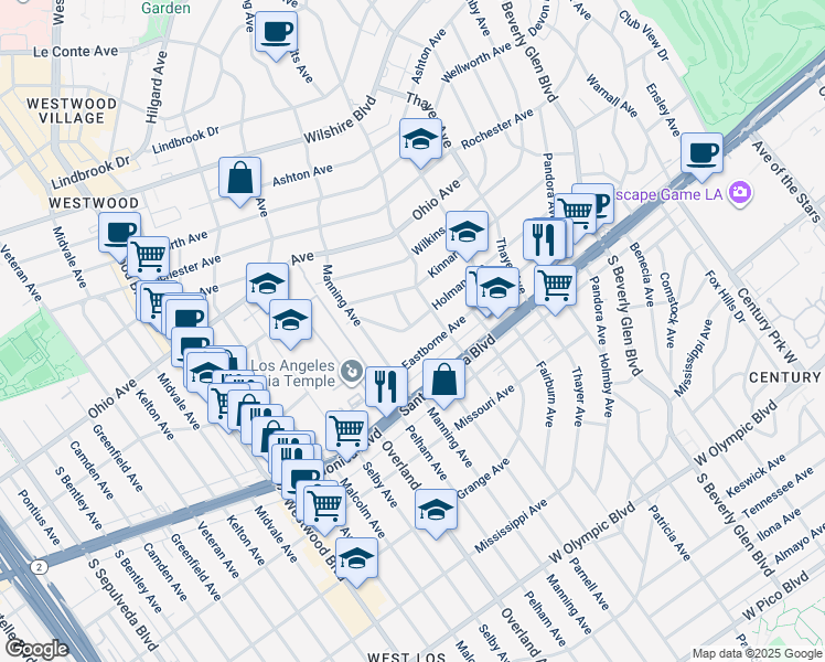 map of restaurants, bars, coffee shops, grocery stores, and more near 10617 Eastborne Avenue in Los Angeles