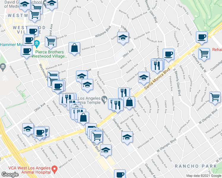 map of restaurants, bars, coffee shops, grocery stores, and more near 10660 Holman Avenue in Los Angeles