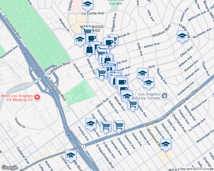 map of restaurants, bars, coffee shops, grocery stores, and more near 1409 Midvale Avenue in Los Angeles