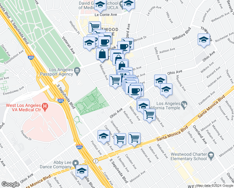 map of restaurants, bars, coffee shops, grocery stores, and more near 1409 Midvale Avenue in Los Angeles