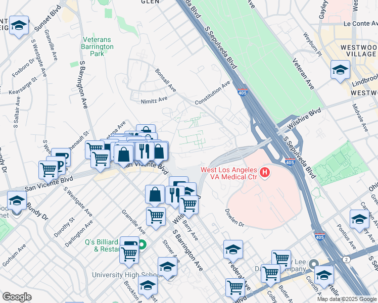 map of restaurants, bars, coffee shops, grocery stores, and more near Eisenhower Avenue in Los Angeles