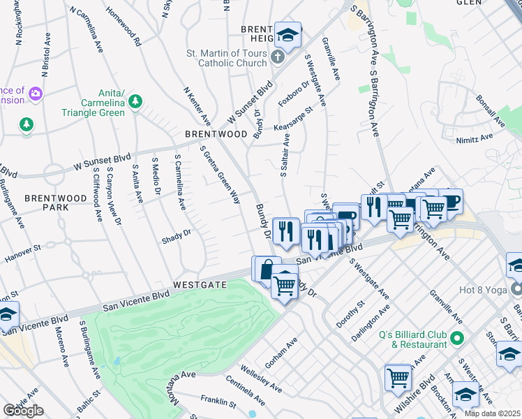 map of restaurants, bars, coffee shops, grocery stores, and more near 445 South Bundy Drive in Los Angeles