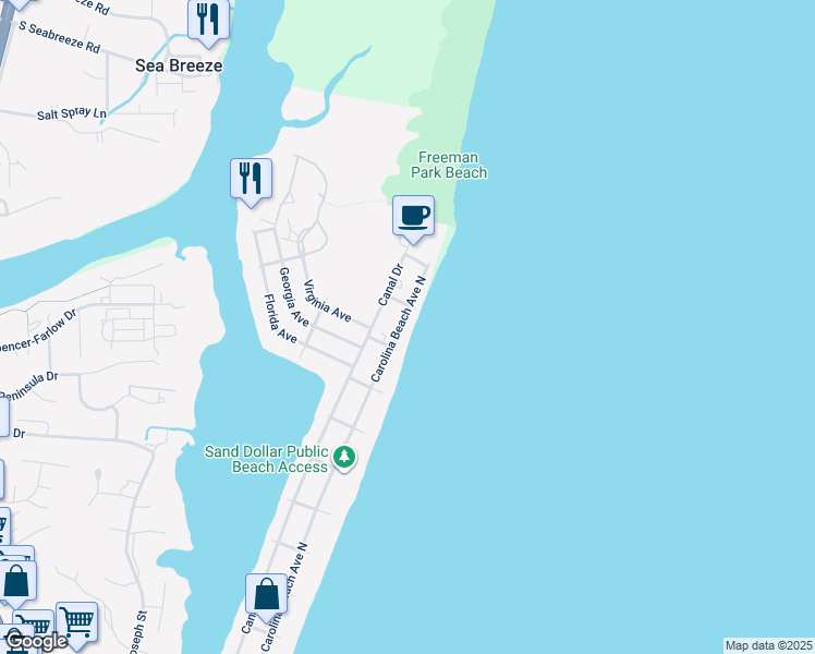 map of restaurants, bars, coffee shops, grocery stores, and more near 1607 Carolina Beach Avenue North in Carolina Beach
