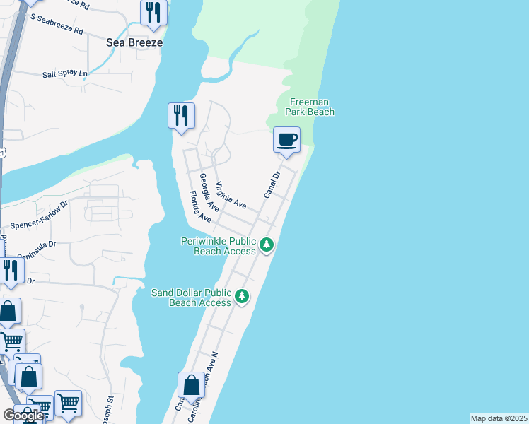 map of restaurants, bars, coffee shops, grocery stores, and more near 1607 Carolina Beach Avenue North in Carolina Beach