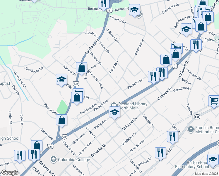 map of restaurants, bars, coffee shops, grocery stores, and more near 901 Colleton Street in Columbia