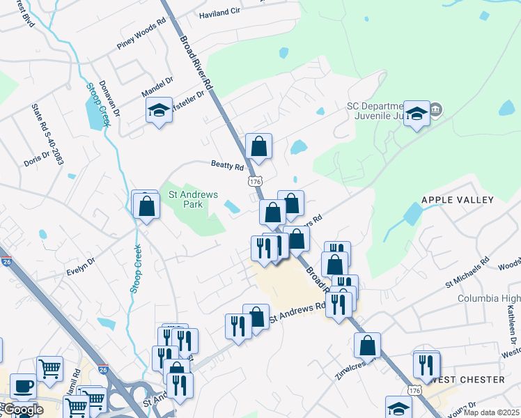 map of restaurants, bars, coffee shops, grocery stores, and more near 139 Connie Drive in Columbia