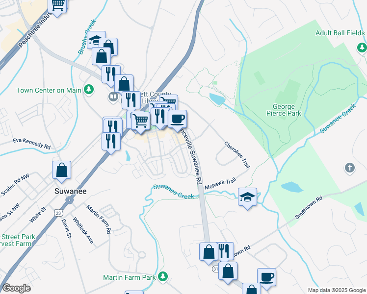 map of restaurants, bars, coffee shops, grocery stores, and more near 306 Suwanee Avenue in Suwanee