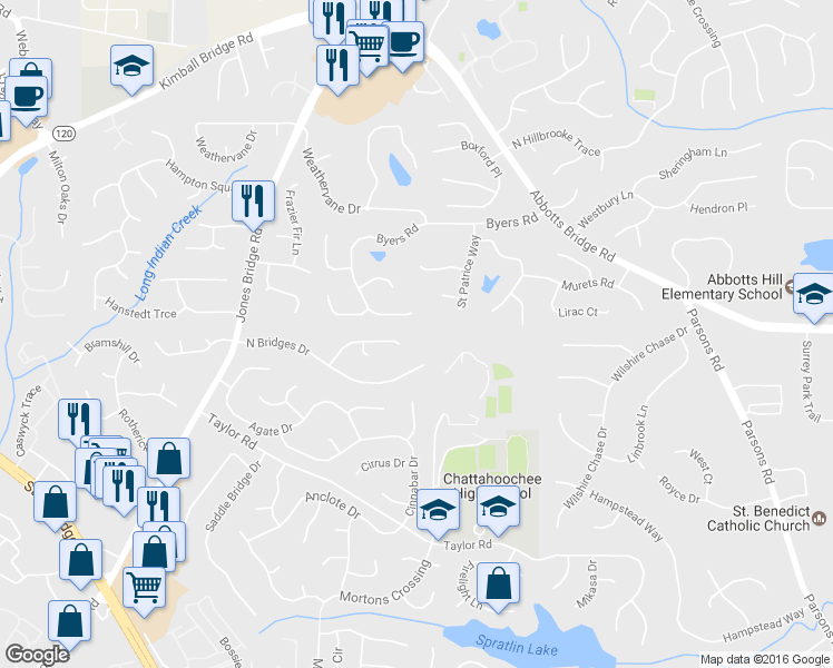 map of restaurants, bars, coffee shops, grocery stores, and more near 290 Pine Bridge Trail in Alpharetta