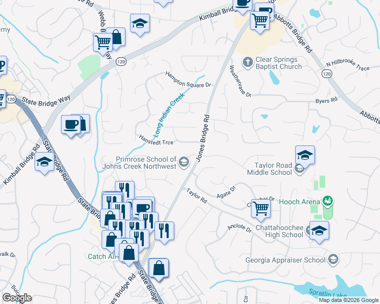 map of restaurants, bars, coffee shops, grocery stores, and more near 4830 Jones Bridge Woods Drive in Alpharetta
