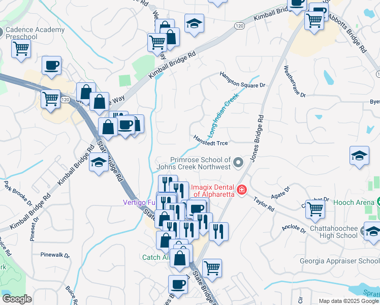 map of restaurants, bars, coffee shops, grocery stores, and more near 11250 Bramshill Drive in Alpharetta