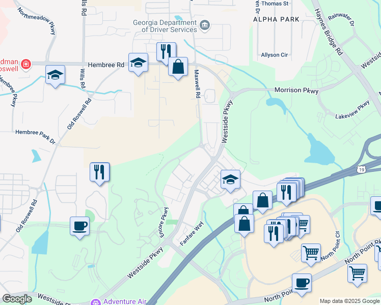 map of restaurants, bars, coffee shops, grocery stores, and more near 1975 Nocturne Drive in Alpharetta