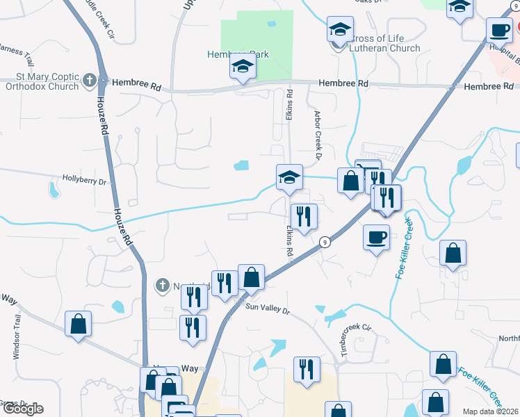 map of restaurants, bars, coffee shops, grocery stores, and more near 401 Bombay Lane in Roswell
