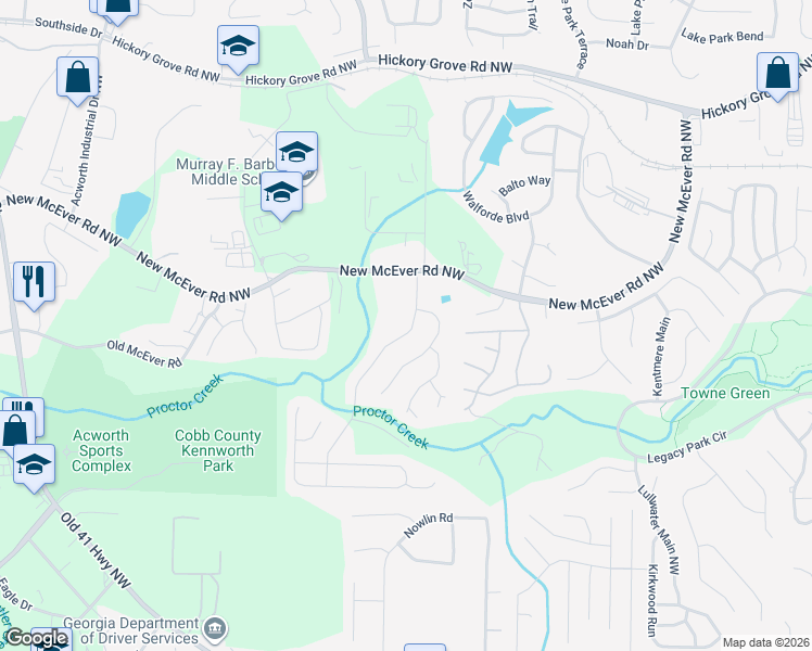 map of restaurants, bars, coffee shops, grocery stores, and more near 4186 McEver Park Drive in Acworth