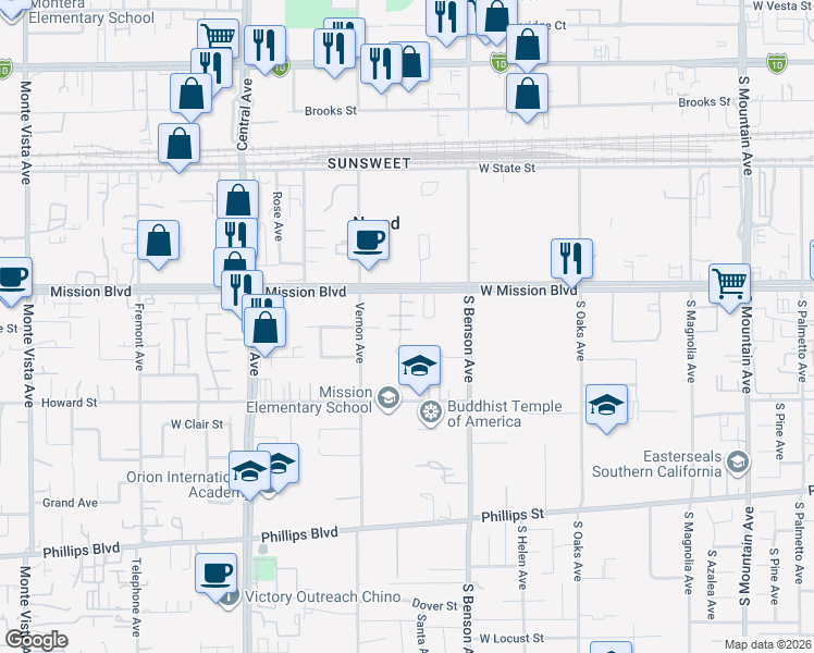 map of restaurants, bars, coffee shops, grocery stores, and more near 5539 West Carlton Street in Ontario
