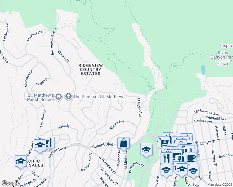 map of restaurants, bars, coffee shops, grocery stores, and more near 1210 Las Lomas Place in Los Angeles