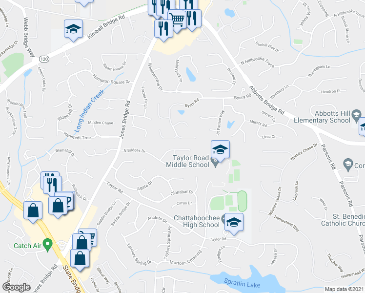 map of restaurants, bars, coffee shops, grocery stores, and more near 230 Pine Bridge Trail in Alpharetta