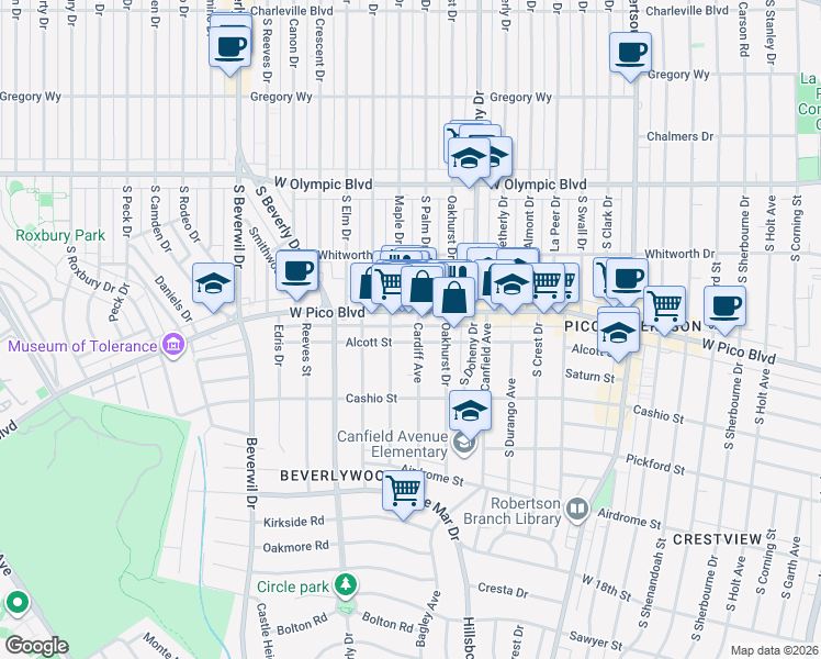 map of restaurants, bars, coffee shops, grocery stores, and more near 1415 Cardiff Avenue in Los Angeles