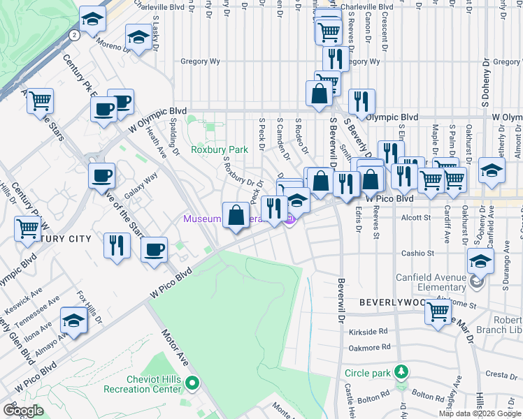 map of restaurants, bars, coffee shops, grocery stores, and more near 1246 Peck Drive in Los Angeles