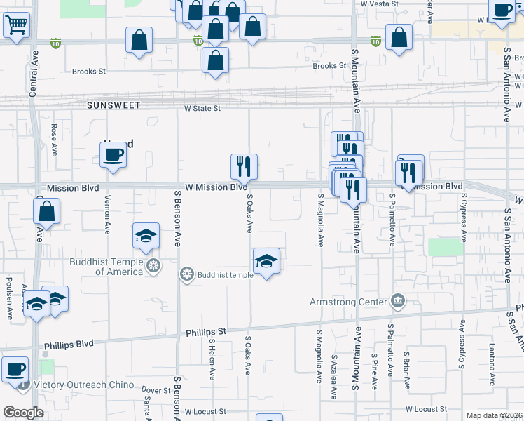 map of restaurants, bars, coffee shops, grocery stores, and more near 839 South Oaks Avenue in Ontario