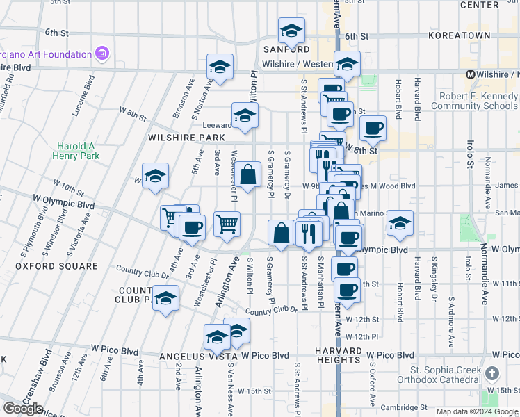 map of restaurants, bars, coffee shops, grocery stores, and more near 3715 San Marino Street in Los Angeles