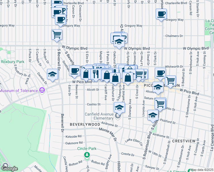 map of restaurants, bars, coffee shops, grocery stores, and more near 1418 Cardiff Avenue in Los Angeles