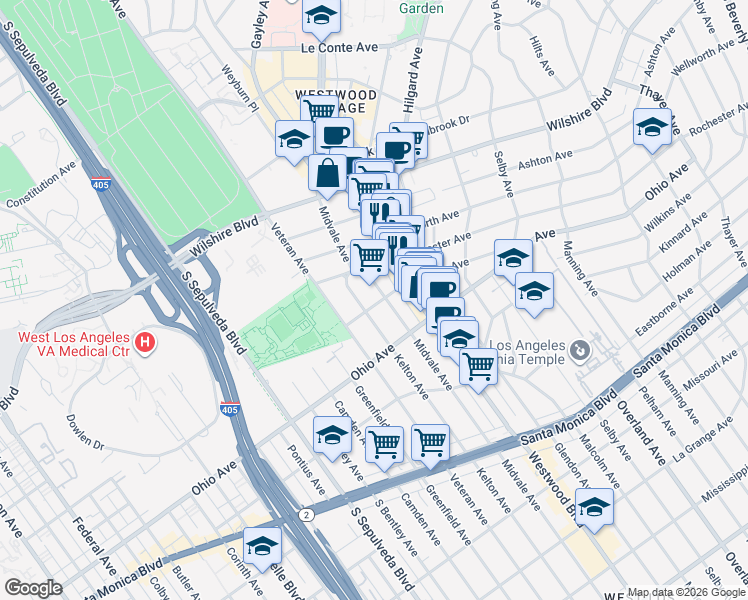 map of restaurants, bars, coffee shops, grocery stores, and more near 1409 Midvale Avenue in Los Angeles