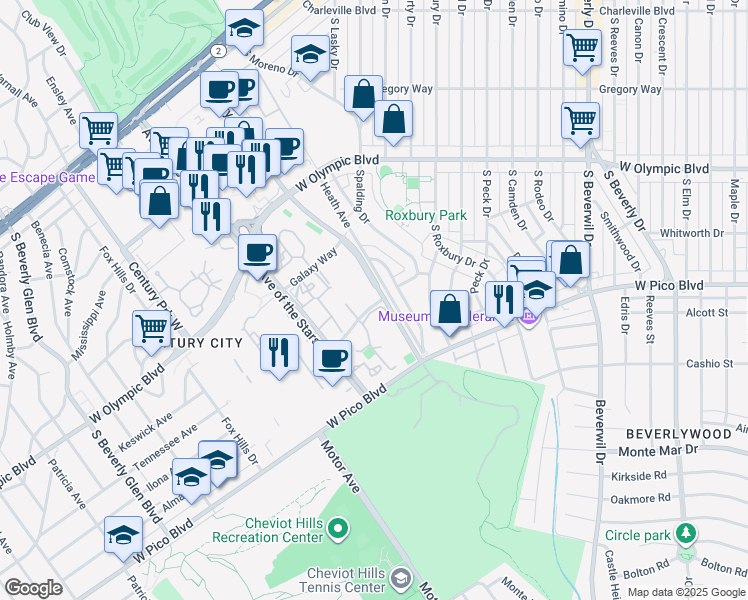 map of restaurants, bars, coffee shops, grocery stores, and more near 2316 Empyrean Way in Los Angeles