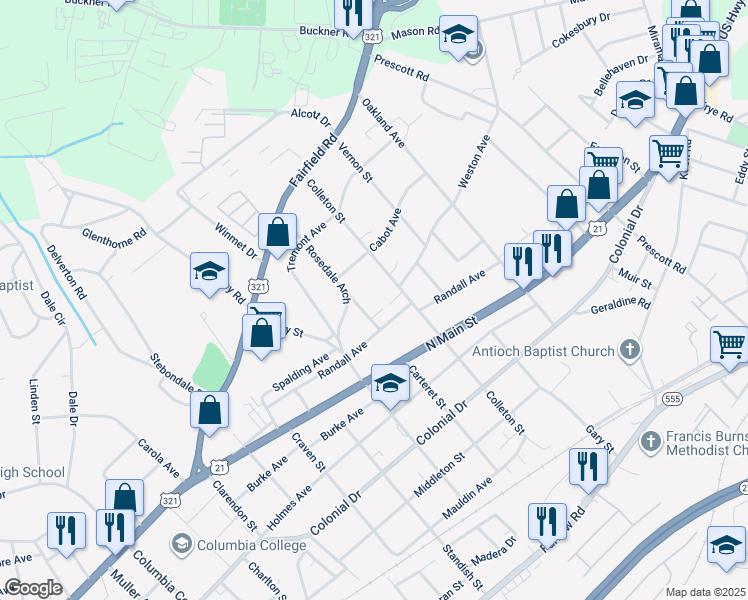 map of restaurants, bars, coffee shops, grocery stores, and more near 901 Colleton Street in Columbia