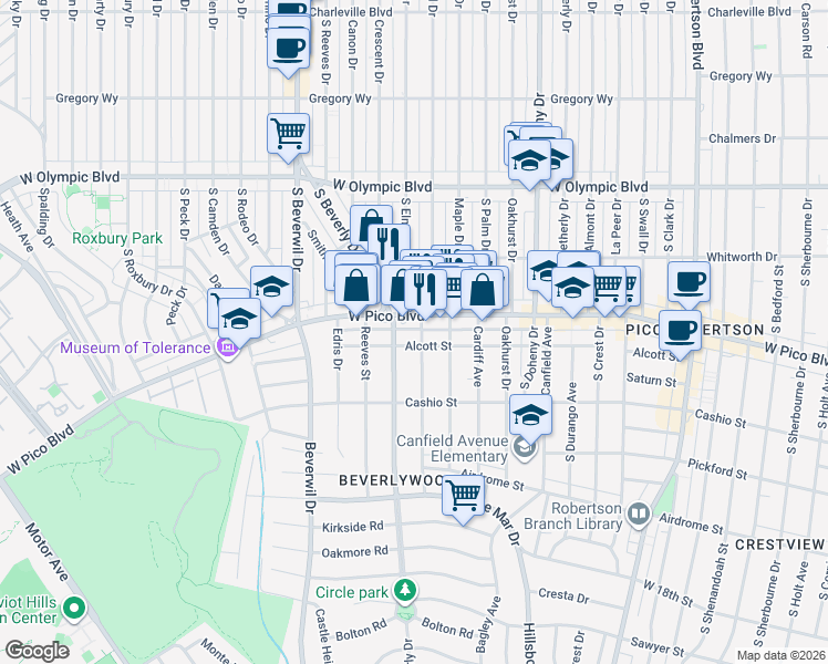map of restaurants, bars, coffee shops, grocery stores, and more near 1415 Rexford Drive in Los Angeles