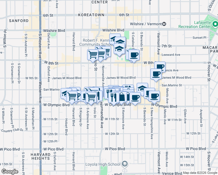 map of restaurants, bars, coffee shops, grocery stores, and more near 3152 San Marino Street in Los Angeles