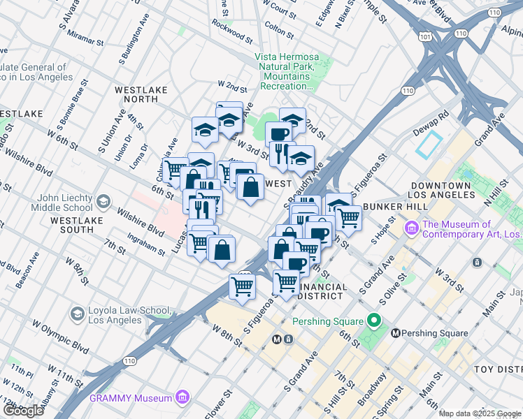 map of restaurants, bars, coffee shops, grocery stores, and more near 11-36 West 5th Street in Los Angeles