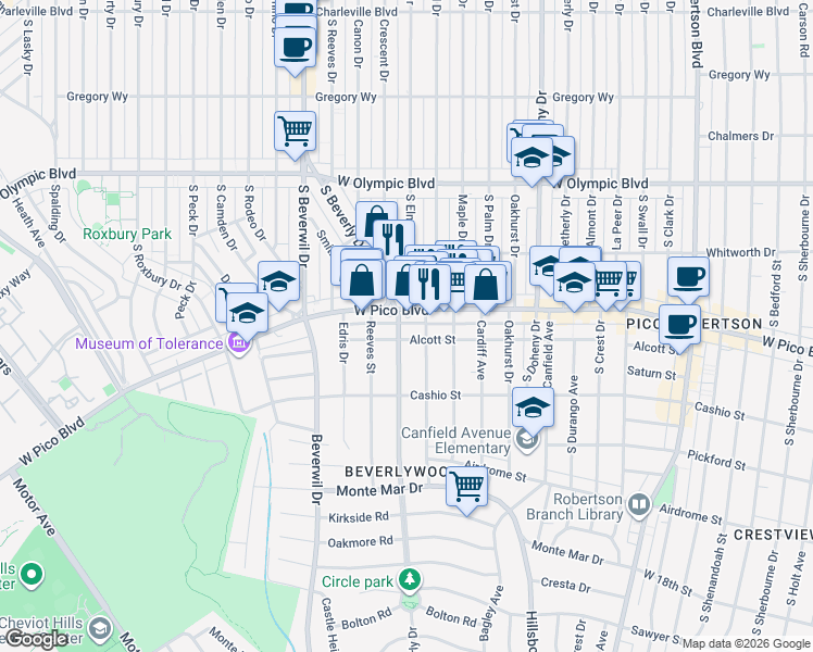 map of restaurants, bars, coffee shops, grocery stores, and more near 1418 South Beverly Drive in Los Angeles