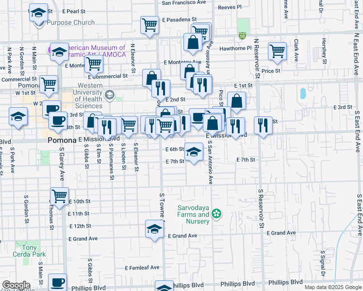 map of restaurants, bars, coffee shops, grocery stores, and more near 885 East 6th Street in Pomona