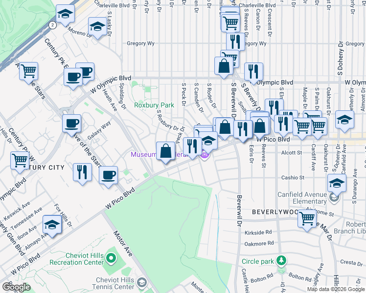map of restaurants, bars, coffee shops, grocery stores, and more near 1246 Peck Drive in Los Angeles