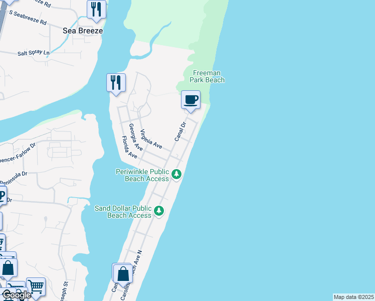 map of restaurants, bars, coffee shops, grocery stores, and more near 1607 Carolina Beach Avenue North in Carolina Beach