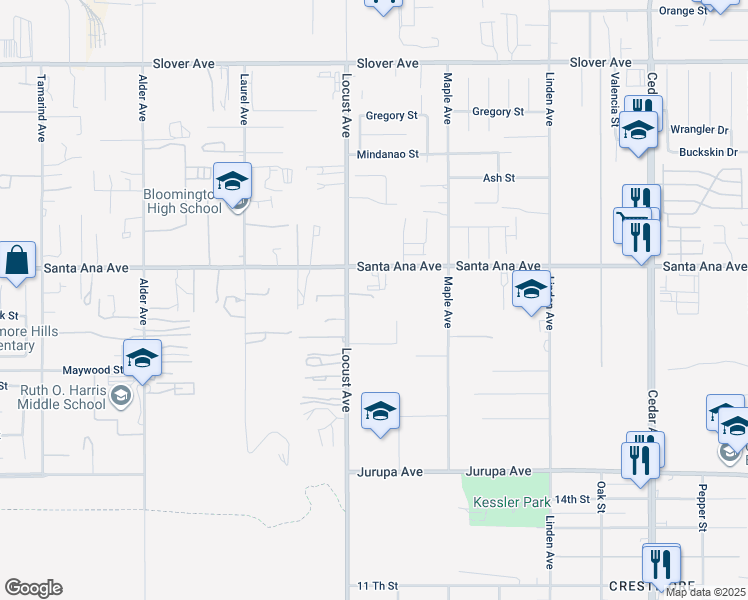 map of restaurants, bars, coffee shops, grocery stores, and more near 10967 Locust Avenue in Bloomington