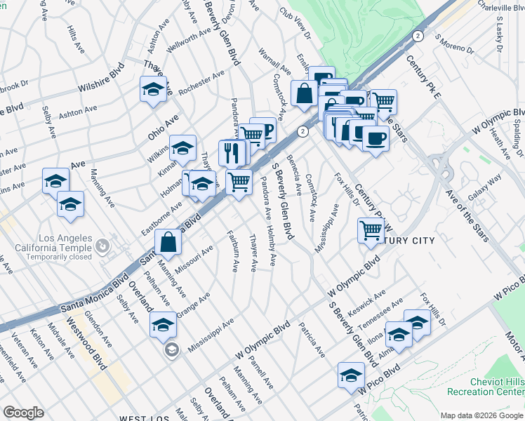 map of restaurants, bars, coffee shops, grocery stores, and more near 1900 Holmby Avenue in Los Angeles