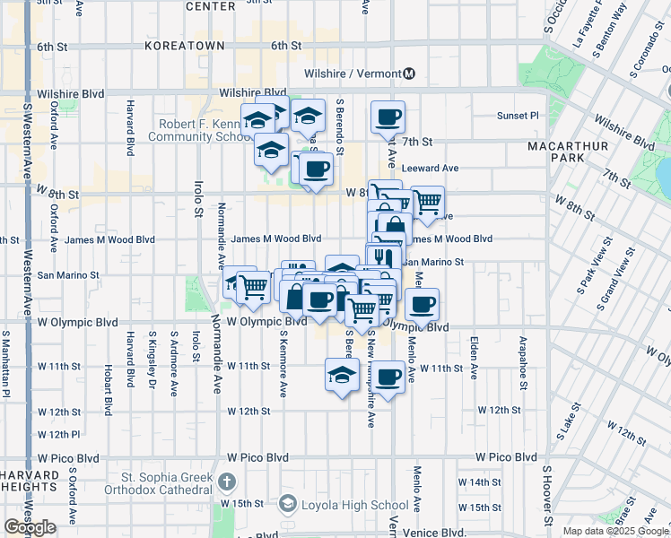 map of restaurants, bars, coffee shops, grocery stores, and more near 2985 San Marino Street in Los Angeles