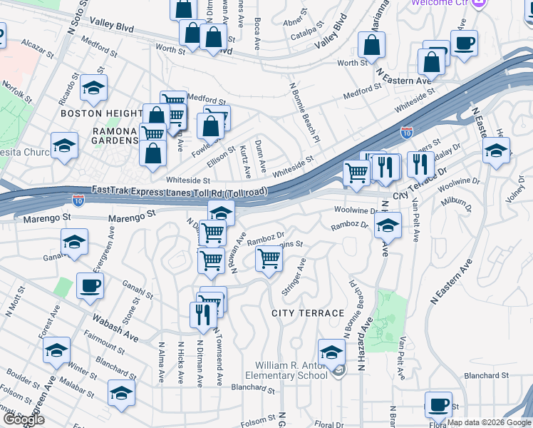 map of restaurants, bars, coffee shops, grocery stores, and more near 3654 City Terrace Drive in Los Angeles