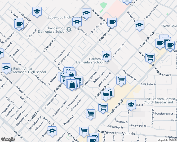 map of restaurants, bars, coffee shops, grocery stores, and more near 1225 West Glenmere Street in West Covina