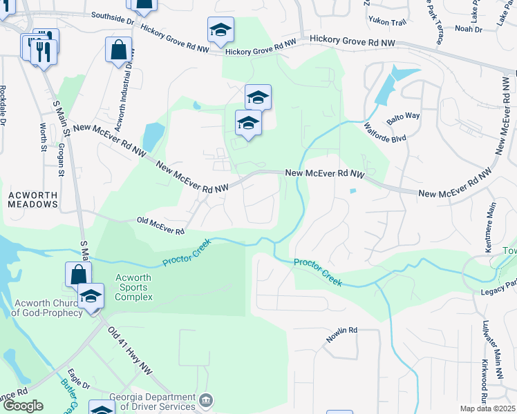 map of restaurants, bars, coffee shops, grocery stores, and more near 3921 Spearmint Lane Northwest in Acworth