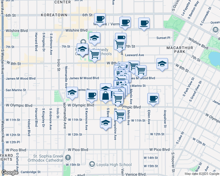 map of restaurants, bars, coffee shops, grocery stores, and more near 2963 San Marino Street in Los Angeles